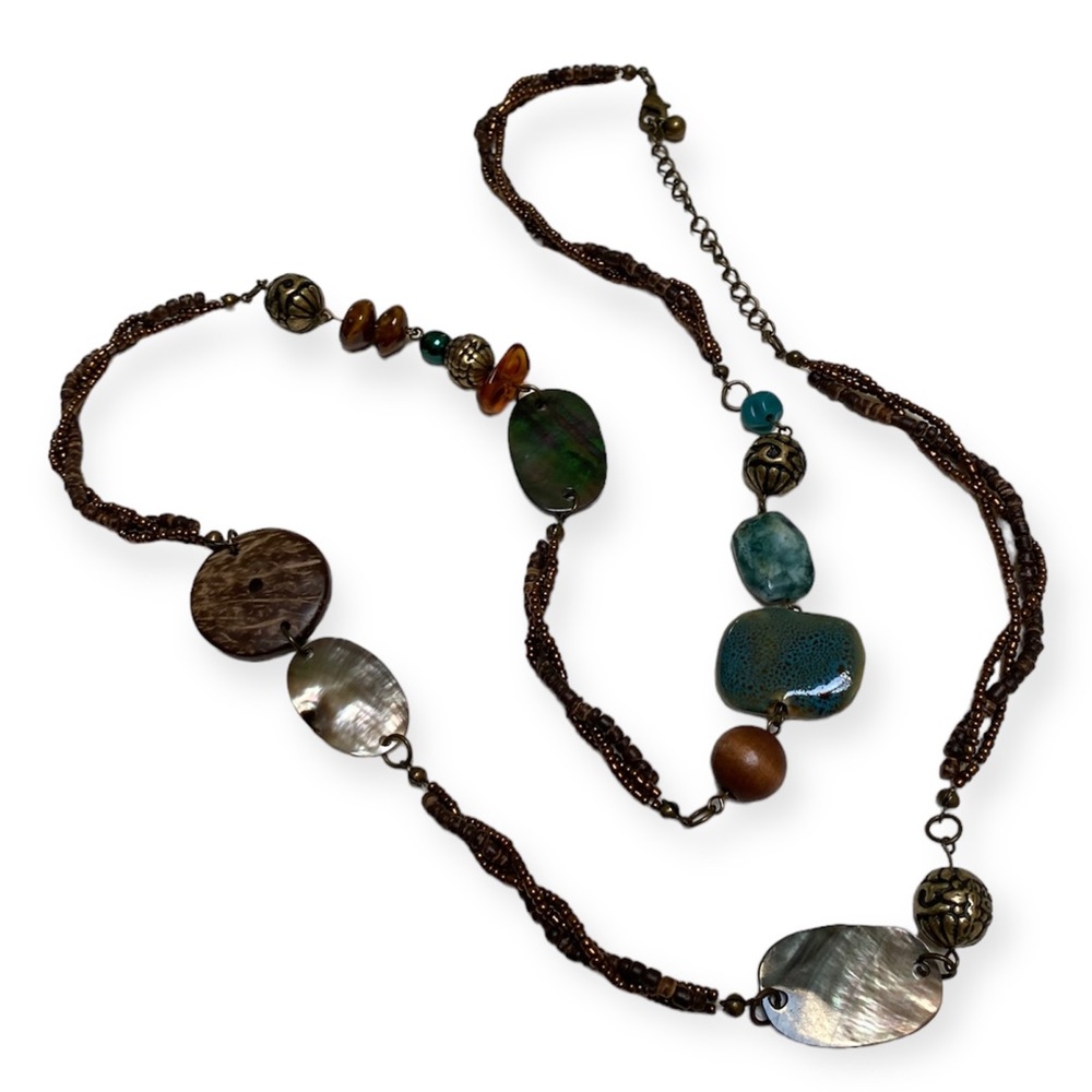 Vintage Abstract Beaded Necklace | Long length | Bronze Teal Beads Asymmetrical